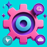 icono de engranaje color rosa y azul con símbolos de automatización y gestión de tareas