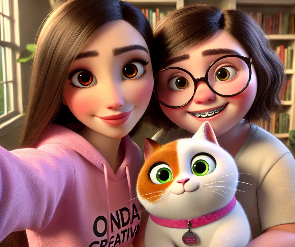 ilustración de dos integrantes del equipo de Onda Creativa con su gata Coco en brazos