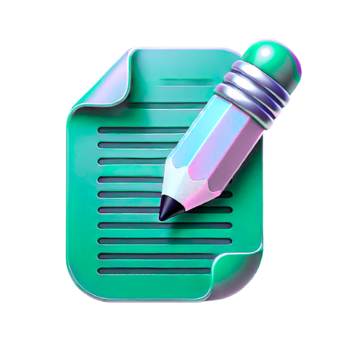 Icono 3D estilo Pixar de una hoja fucsia con líneas de texto y un lápiz grande apoyado.