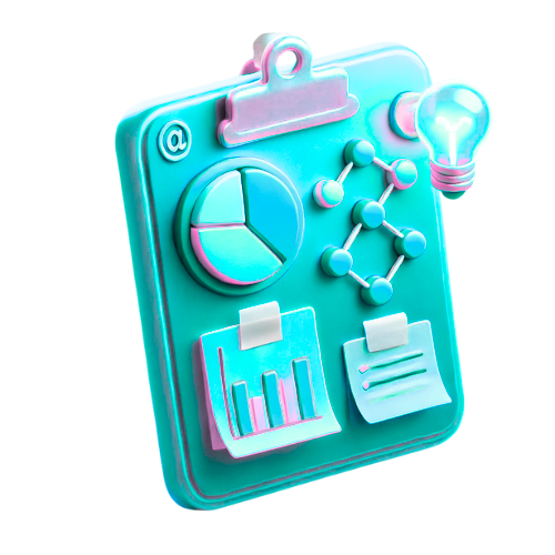 Icono 3D estilo Pixar de una estrategia digital sobre una carpeta fucsia con gráficos y notas.