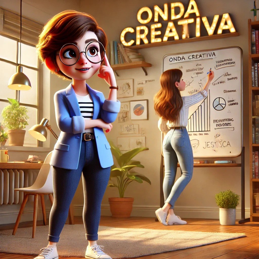 Ilustración de dos creativas en una oficina de Onda Creativa, planificando estrategias visuales en un entorno inspirador.